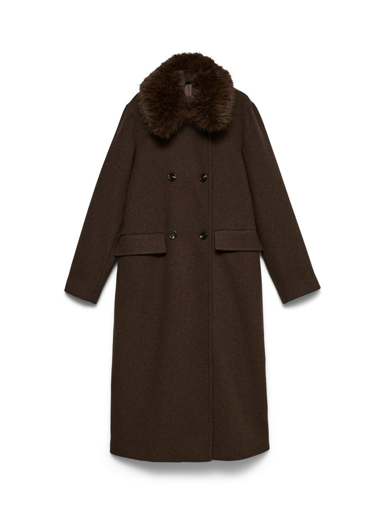 Cappotto lungo doppiopetto marrone scuro donna Vero Moda con collo pelo e tasche, non indossato.