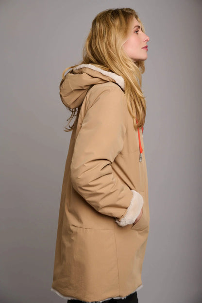 Giaccone nylon cappuccio foderato ecopelliccia