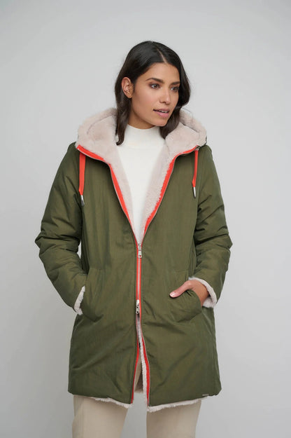 Giaccone nylon cappuccio foderato ecopelliccia