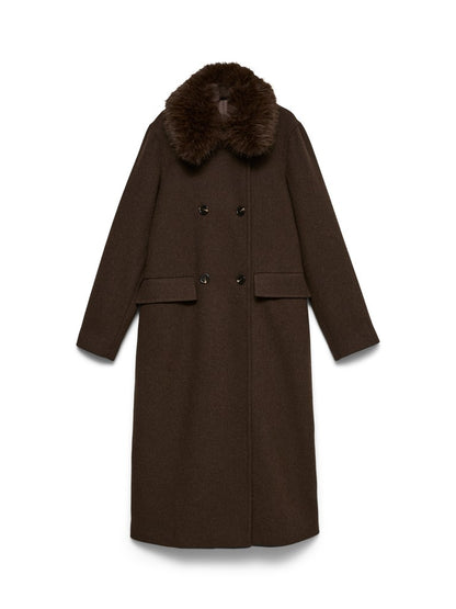 Cappotto lungo doppiopetto marrone scuro donna Vero Moda con collo pelo e tasche, non indossato.